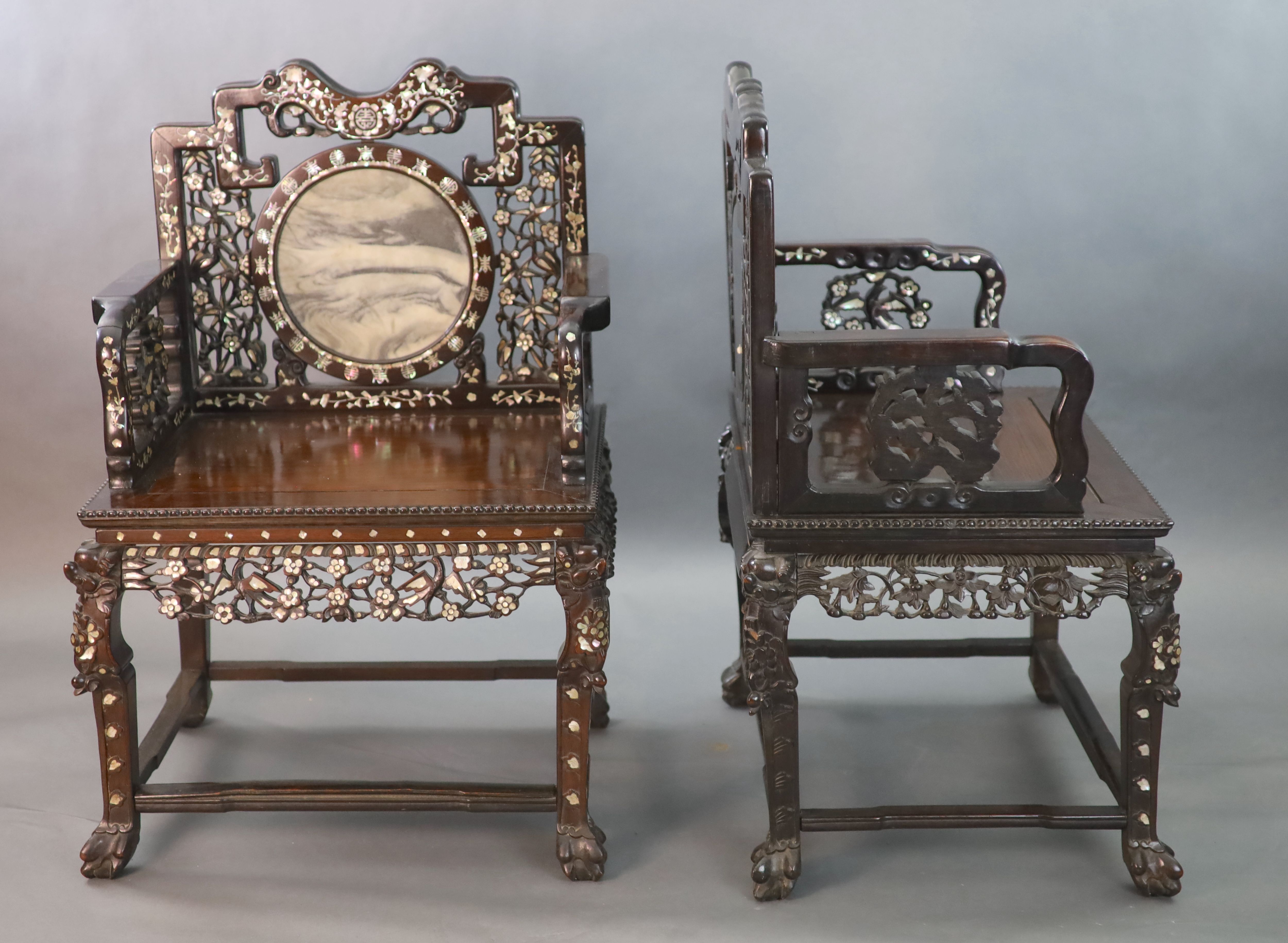 An impressive pair of Chinese hongmu and mother of pearl inlaid throne armchairs, c.1910, 70cm wide, 103cm high, Provenance - A. T. Arb